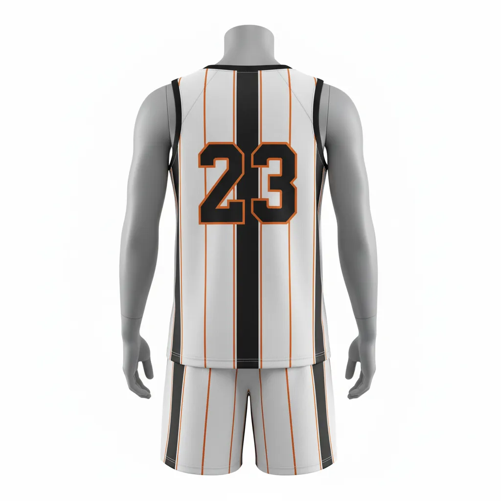 Custom Basketball Round Neck Basketball Uniform - White, Black, Orange - Roundneck Vertical Stripes - Back View - Kinexa Sportswear