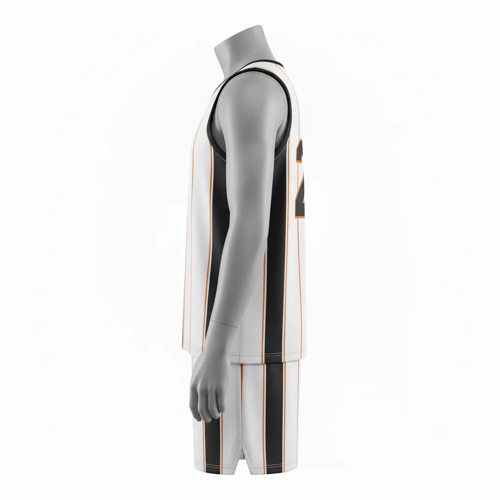 Custom Basketball Round Neck Basketball Uniform - White, Black, Orange - Roundneck Vertical Stripes - Side View - Kinexa Sportswear