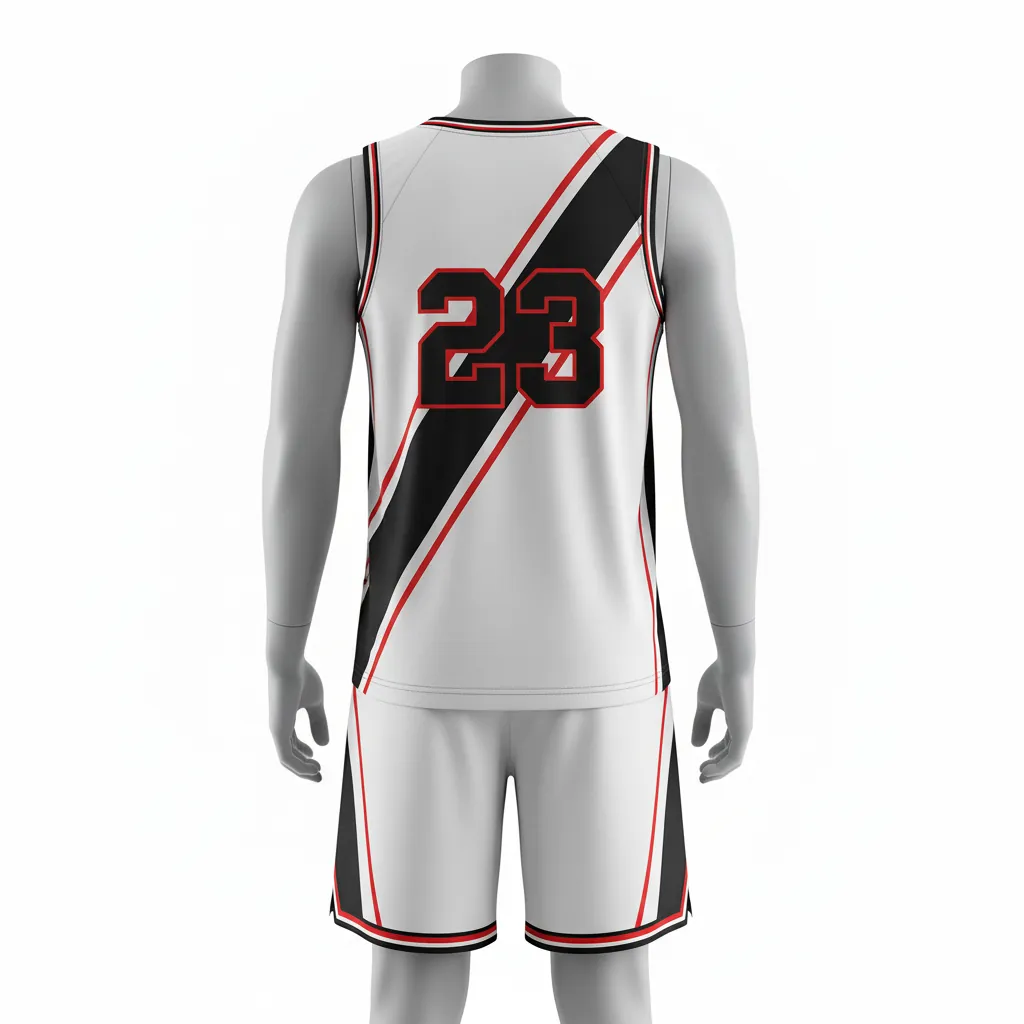 Custom Basketball Round Neck Basketball Uniform - White, Black, Red - Roundneck Diagonal Slash - Back View - Kinexa Sportswear