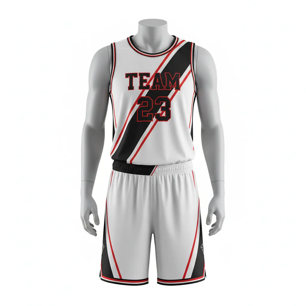 Custom Basketball Round Neck Basketball Uniform - White, Black, Red - Roundneck Diagonal Slash - Front View - Kinexa Sportswear