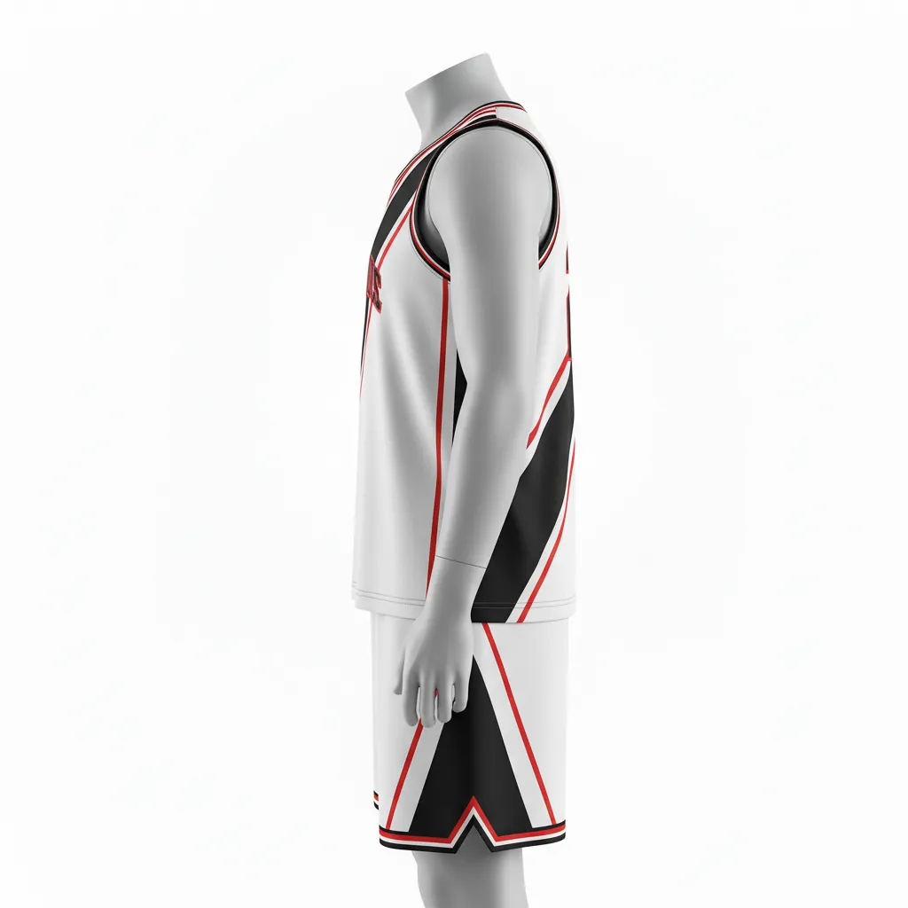Custom Basketball Round Neck Basketball Uniform - White, Black, Red - Roundneck Diagonal Slash - Side View - Kinexa Sportswear
