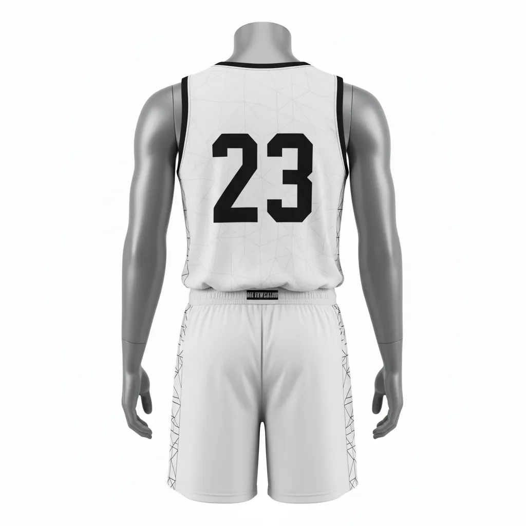 Custom Basketball Round Neck Basketball Uniform - White, Black, White - Roundneck Texture Pattern - Back View - Kinexa Sportswear