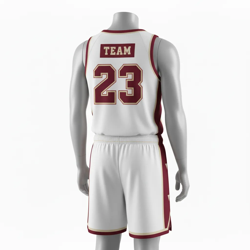 Custom Basketball Round Neck Basketball Uniform - White, Burgundy, Cream - Roundneck Vertical Stripes - Back View - Kinexa Sportswear
