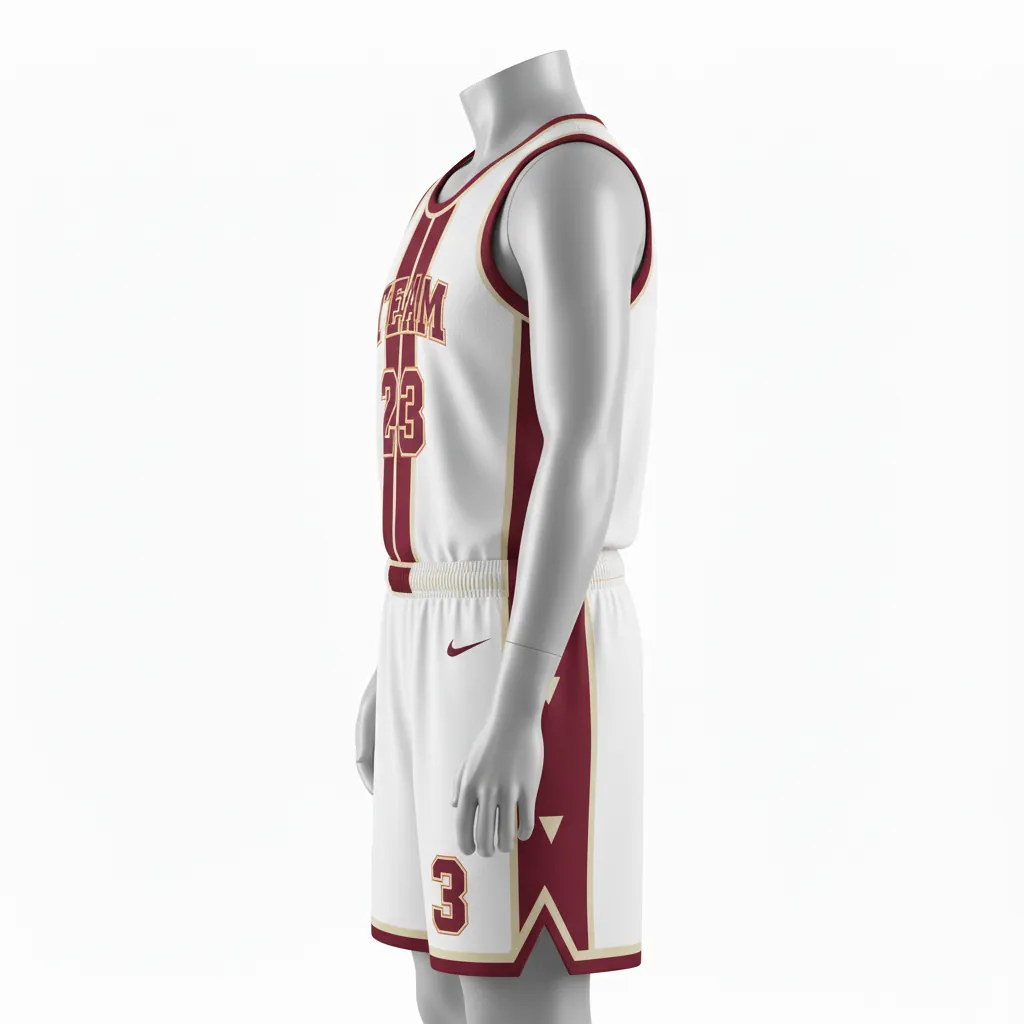 Custom Basketball Round Neck Basketball Uniform - White, Burgundy, Cream - Roundneck Vertical Stripes - Front View - Kinexa Sportswear