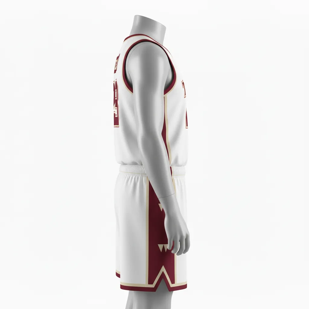 Custom Basketball Round Neck Basketball Uniform - White, Burgundy, Cream - Roundneck Vertical Stripes - Side View - Kinexa Sportswear