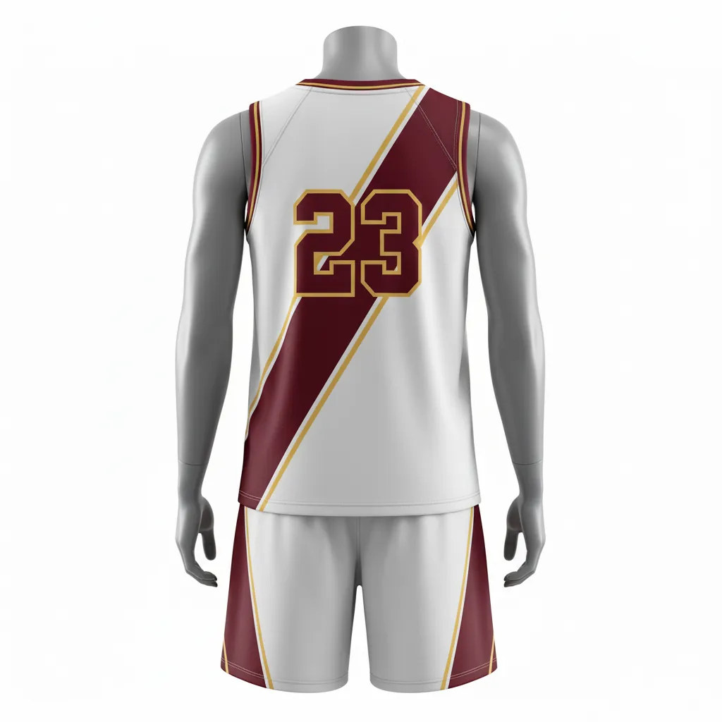 Custom Basketball Round Neck Basketball Uniform - White, Burgundy, Gold - Roundneck Diagonal Slash - Back View - Kinexa Sportswear