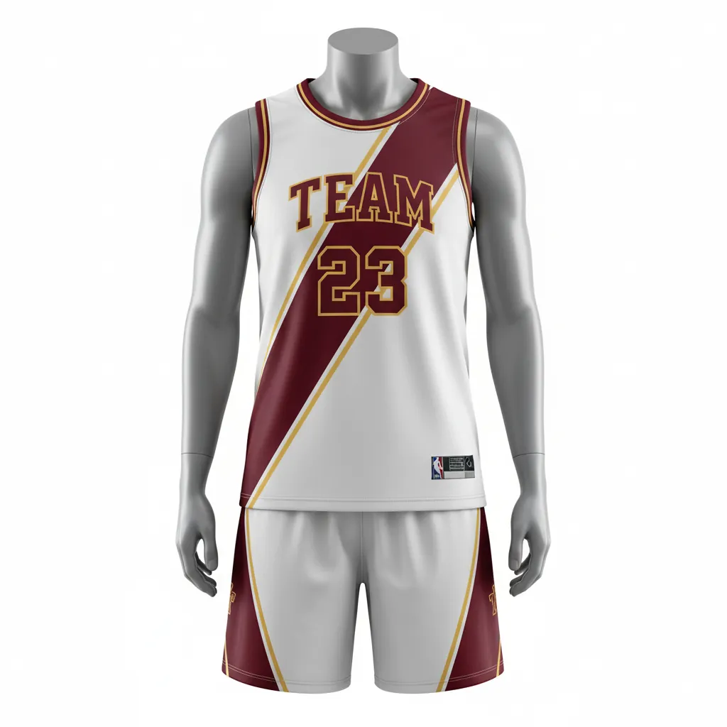 Custom Basketball Round Neck Basketball Uniform - White, Burgundy, Gold - Roundneck Diagonal Slash - Front View - Kinexa Sportswear