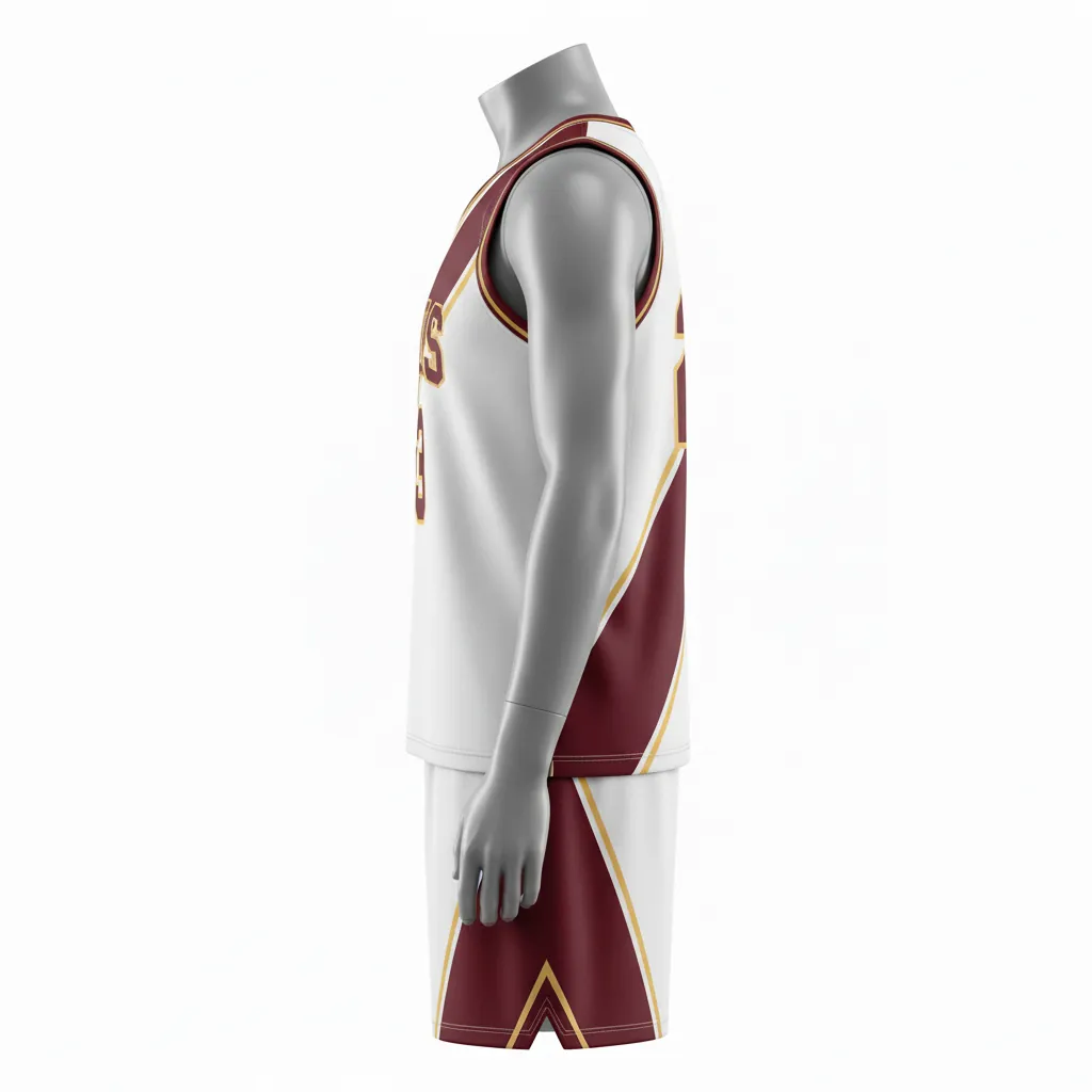 Custom Basketball Round Neck Basketball Uniform - White, Burgundy, Gold - Roundneck Diagonal Slash - Side View - Kinexa Sportswear