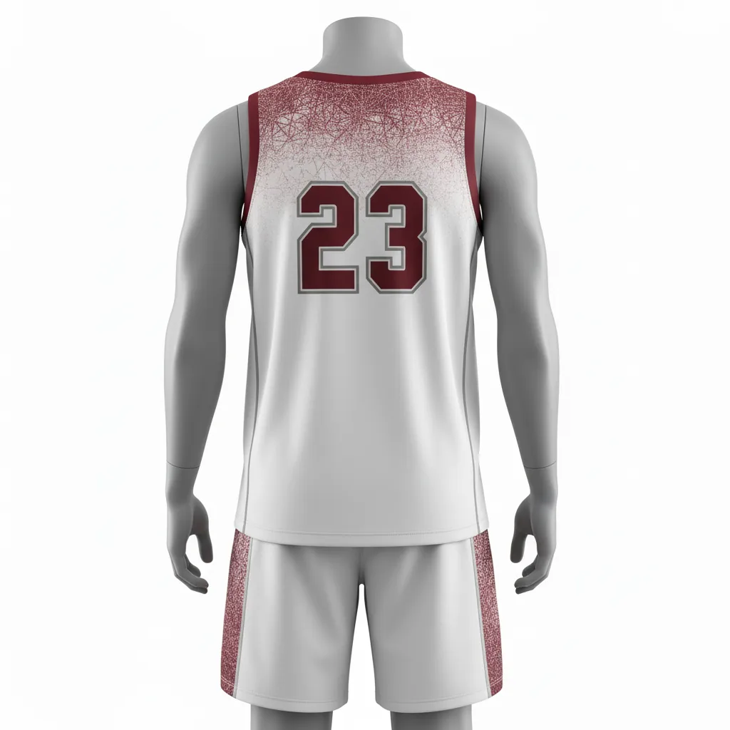 Custom Basketball Round Neck Basketball Uniform - White, Burgundy, Silver - Roundneck Texture Pattern - Back View - Kinexa Sportswear