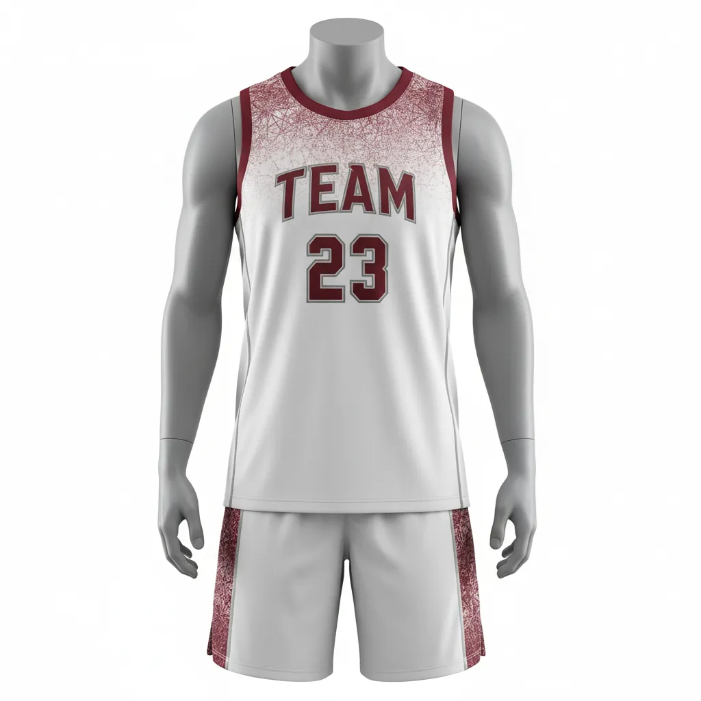 Custom Basketball Round Neck Basketball Uniform - White, Burgundy, Silver - Roundneck Texture Pattern - Front View - Kinexa Sportswear