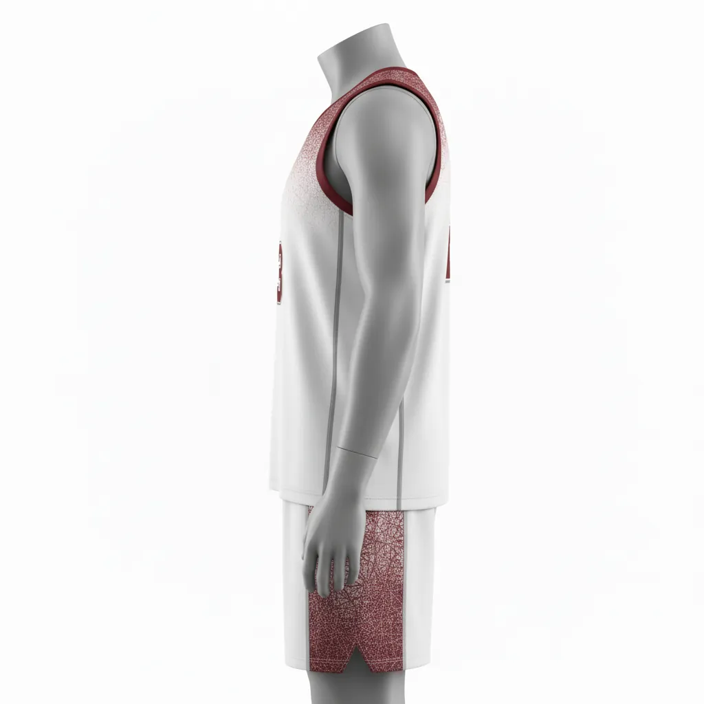 Custom Basketball Round Neck Basketball Uniform - White, Burgundy, Silver - Roundneck Texture Pattern - Side View - Kinexa Sportswear