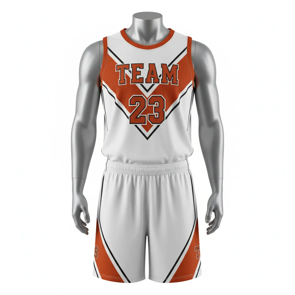 Custom Basketball Round Neck Basketball Uniform - White, Burnt, Orange... - Roundneck Chevron Pattern - Front View - Kinexa Sportswear