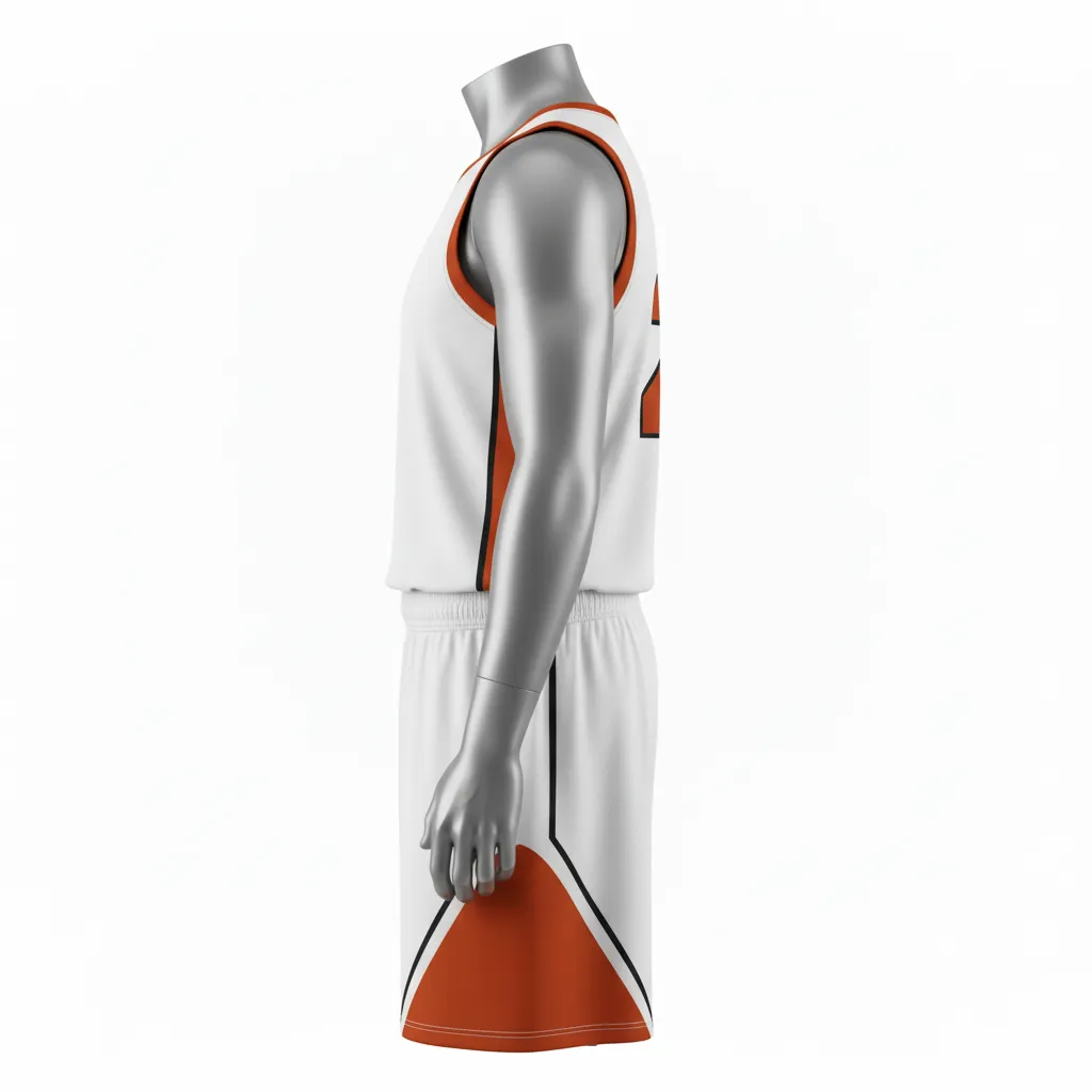 Custom Basketball Round Neck Basketball Uniform - White, Burnt, Orange... - Roundneck Chevron Pattern - Side View - Kinexa Sportswear