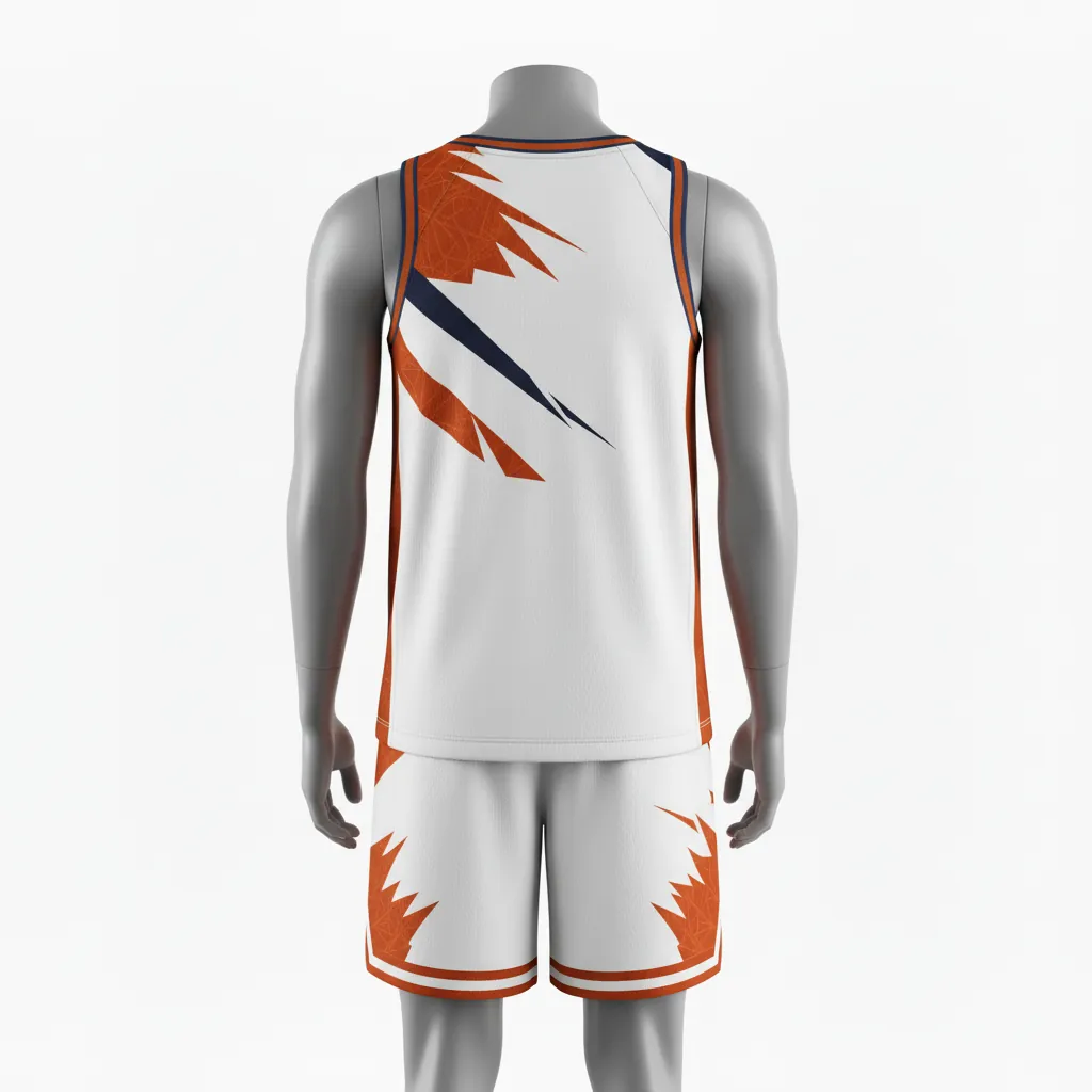Custom Basketball Round Neck Basketball Uniform - White, Burnt, Orange... - Roundneck Asymmetric Angular - Back View - Kinexa Sportswear