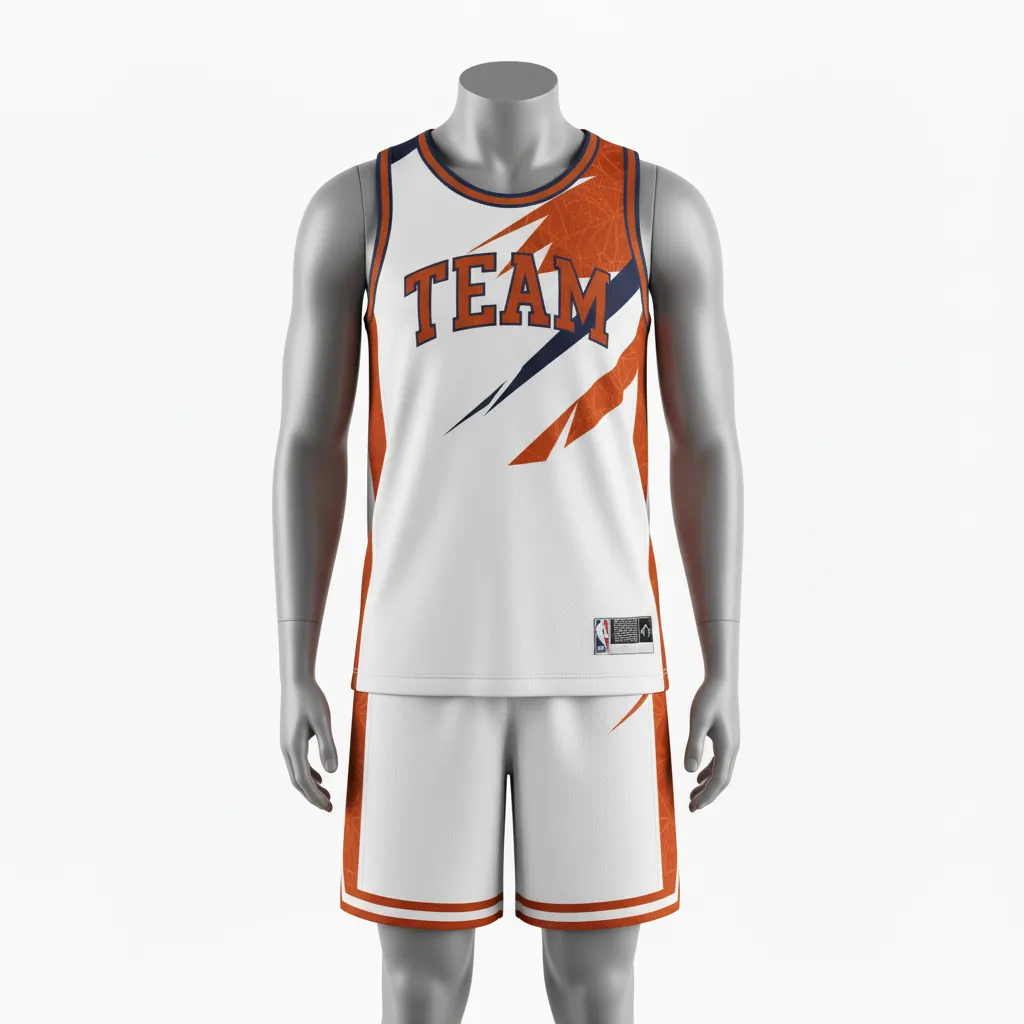 Custom Basketball Round Neck Basketball Uniform - White, Burnt, Orange... - Roundneck Asymmetric Angular - Front View - Kinexa Sportswear