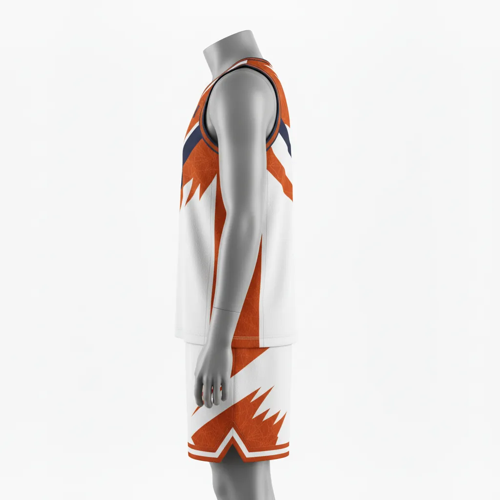 Custom Basketball Round Neck Basketball Uniform - White, Burnt, Orange... - Roundneck Asymmetric Angular - Side View - Kinexa Sportswear