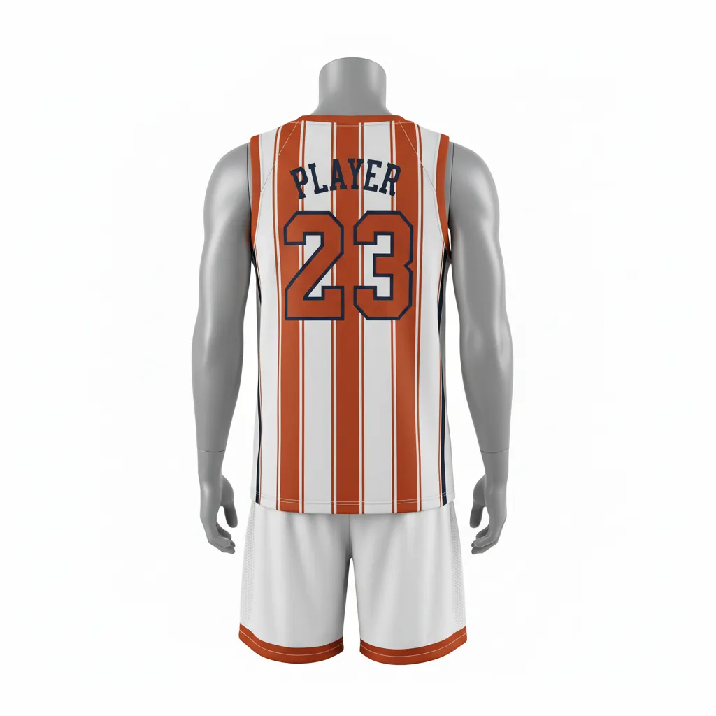Custom Basketball Round Neck Basketball Uniform - White, Burnt, Orange... - Roundneck Vertical Stripes - Back View - Kinexa Sportswear