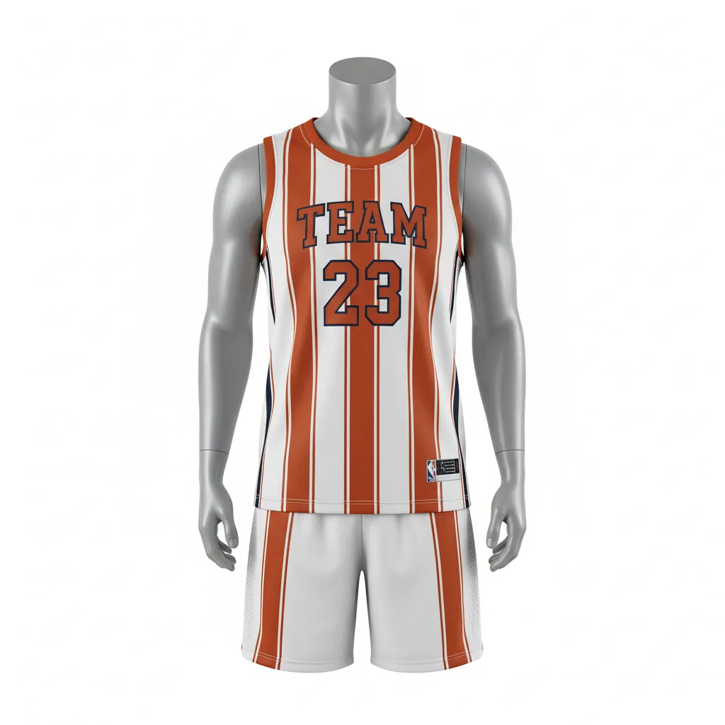 Custom Basketball Round Neck Basketball Uniform - White, Burnt, Orange... - Roundneck Vertical Stripes - Front View - Kinexa Sportswear