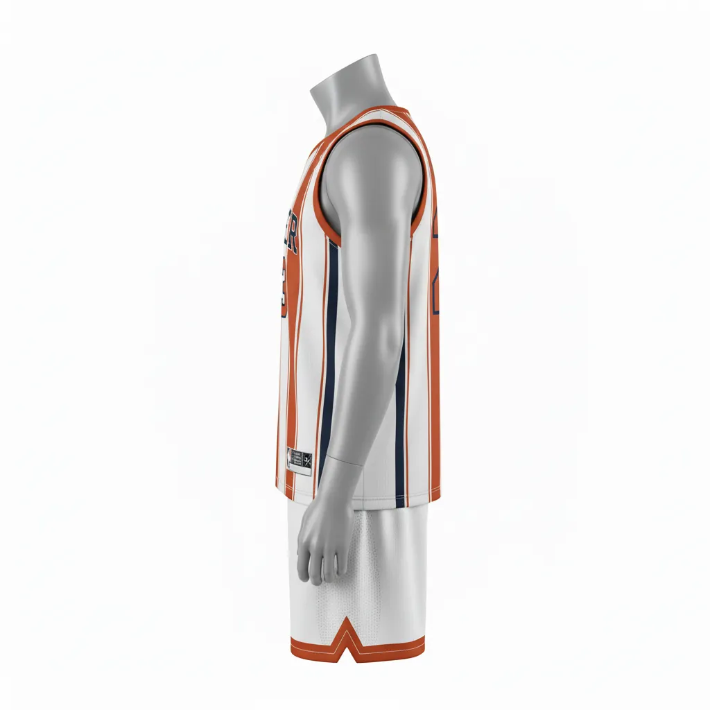 Custom Basketball Round Neck Basketball Uniform - White, Burnt, Orange... - Roundneck Vertical Stripes - Side View - Kinexa Sportswear