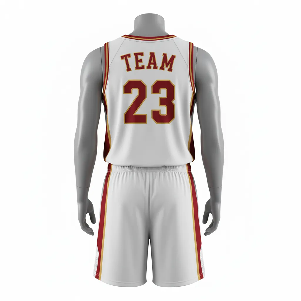 Custom Basketball Round Neck Basketball Uniform - White, Red, Gold - Roundneck Cardinal Side Panel Block - Back View - Kinexa Sportswear