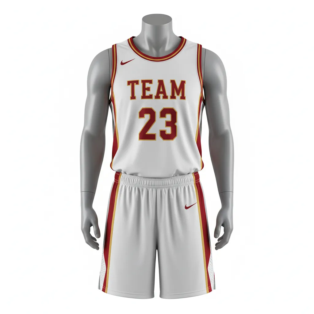 Custom Basketball Round Neck Basketball Uniform - White, Red, Gold - Roundneck Cardinal Side Panel Block - Front View - Kinexa Sportswear