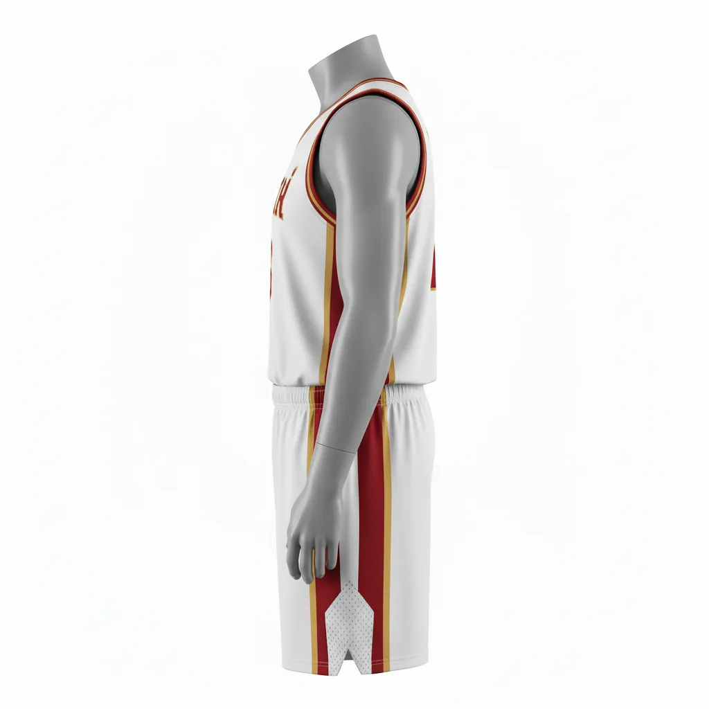 Custom Basketball Round Neck Basketball Uniform - White, Red, Gold - Roundneck Cardinal Side Panel Block - Side View - Kinexa Sportswear