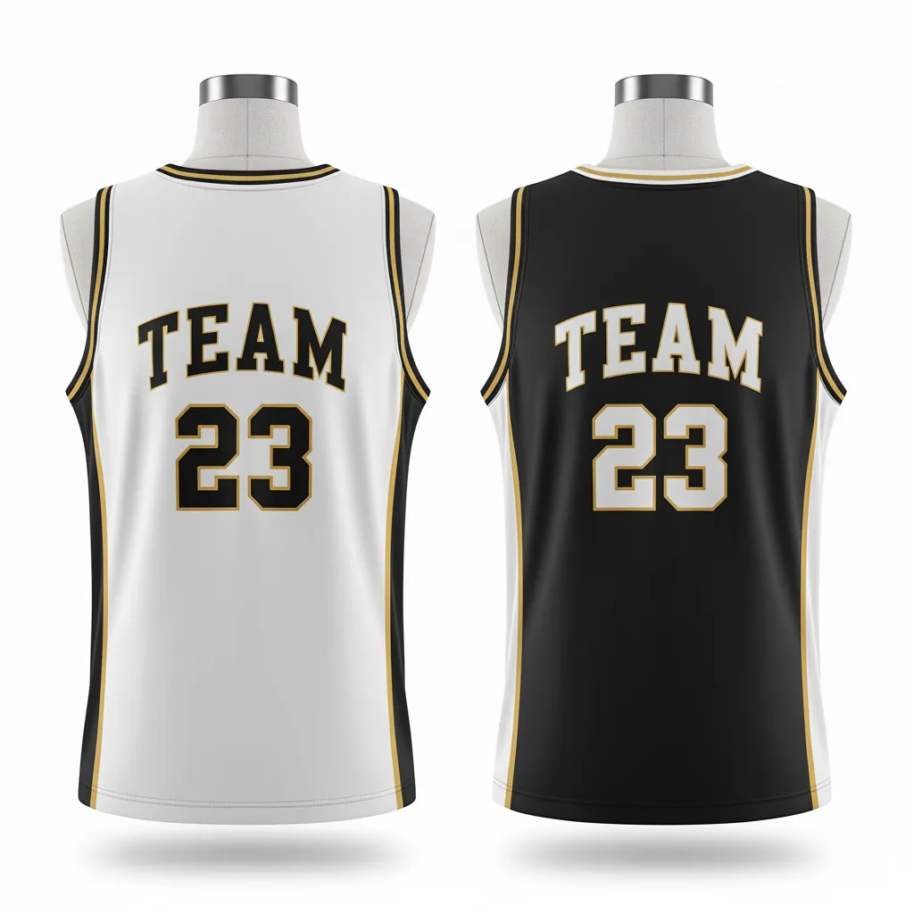 Custom Basketball Round Neck Reversible Jersey - White, Black, Gold - Roundneck Retro Color Block - Back View - Kinexa Sportswear