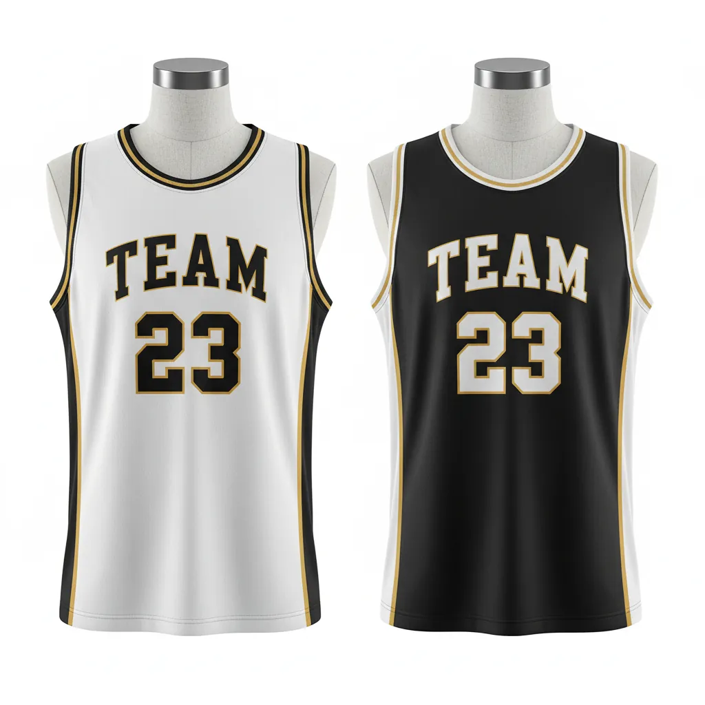 Custom Basketball Round Neck Reversible Jersey - White, Black, Gold - Roundneck Retro Color Block - Front View - Kinexa Sportswear
