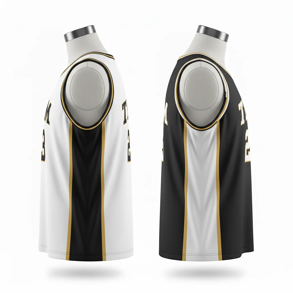 Custom Basketball Round Neck Reversible Jersey - White, Black, Gold - Roundneck Retro Color Block - Side View - Kinexa Sportswear