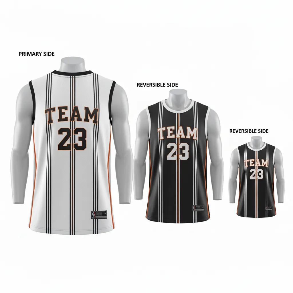 Custom Basketball Round Neck Reversible Jersey - White, Black, Orange - Roundneck Vertical Stripes - Back View - Kinexa Sportswear