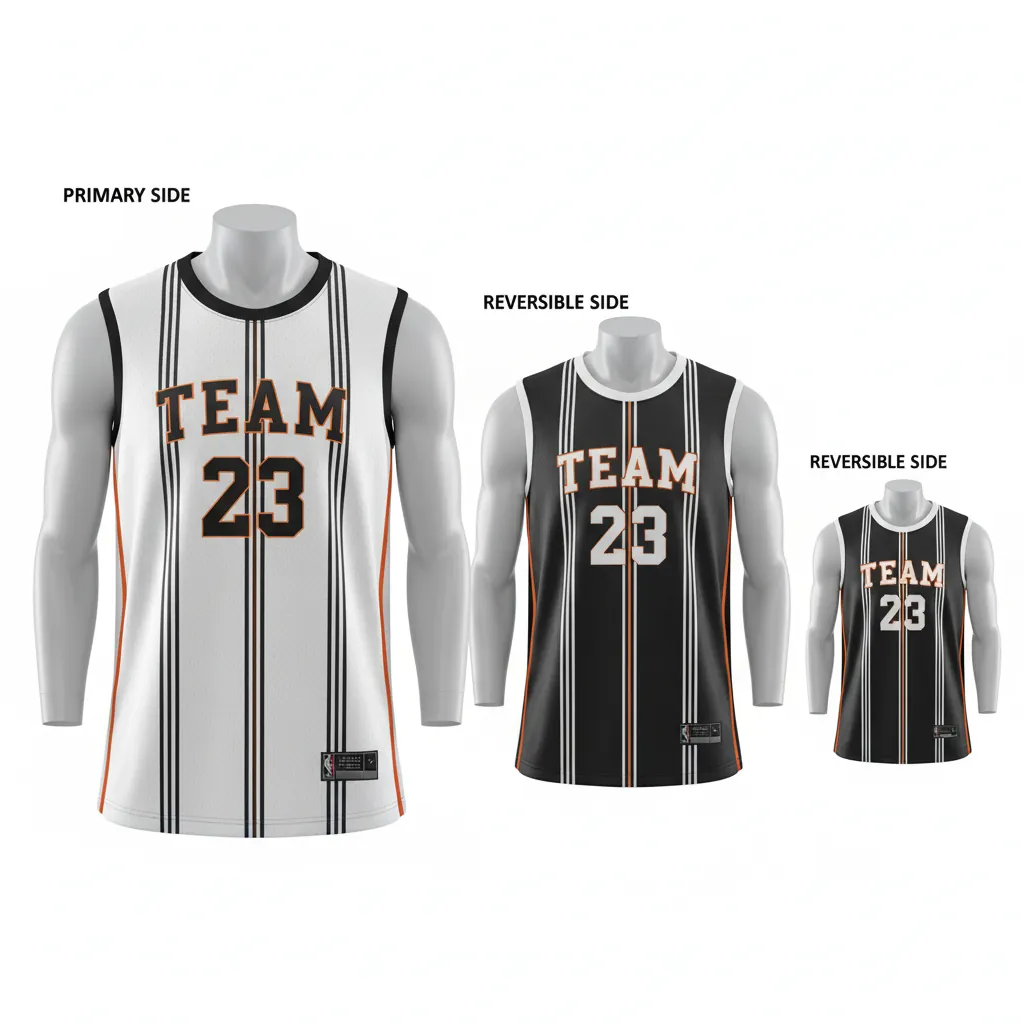 Custom Basketball Round Neck Reversible Jersey - White, Black, Orange - Roundneck Vertical Stripes - Front View - Kinexa Sportswear