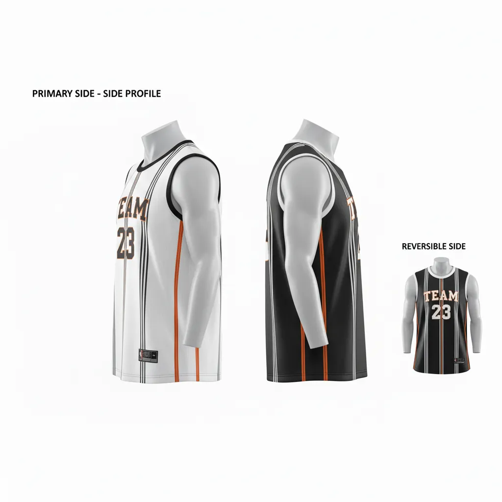 Custom Basketball Round Neck Reversible Jersey - White, Black, Orange - Roundneck Vertical Stripes - Side View - Kinexa Sportswear