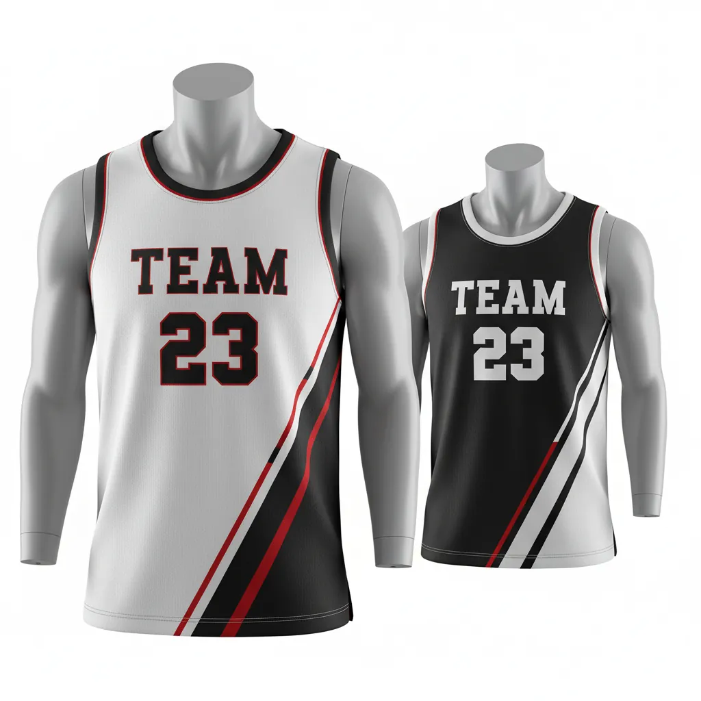 Custom Basketball Round Neck Reversible Jersey - White, Black, Red - Roundneck Diagonal Slash - Front View - Kinexa Sportswear