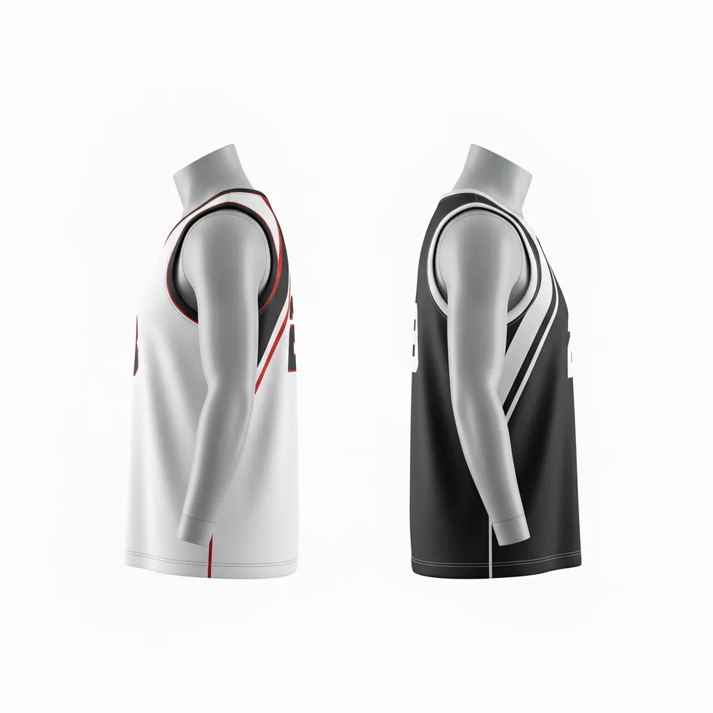 Custom Basketball Round Neck Reversible Jersey - White, Black, Red - Roundneck Diagonal Slash - Side View - Kinexa Sportswear