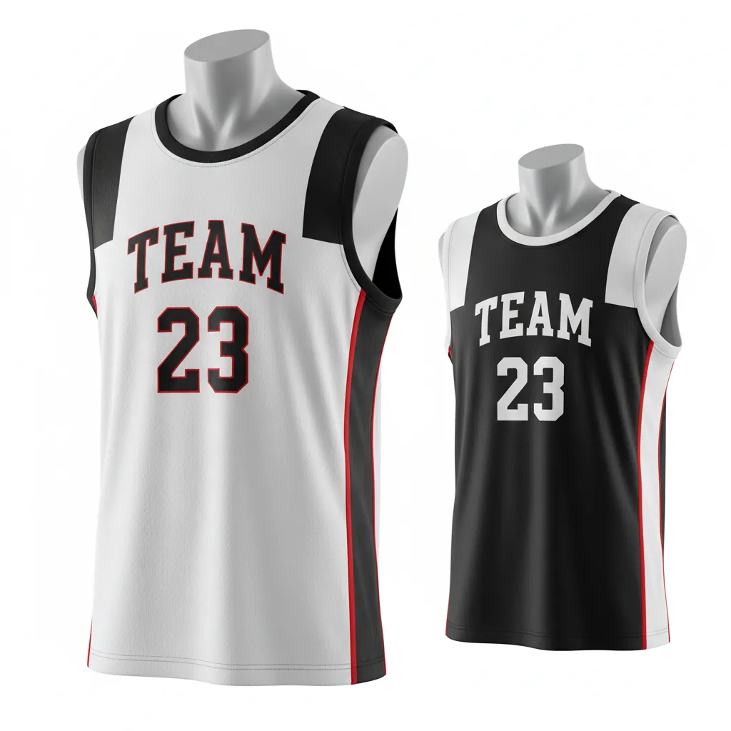 Custom Basketball Round Neck Reversible Jersey - White, Black, Red - Roundneck Retro Color Block - Front View - Kinexa Sportswear