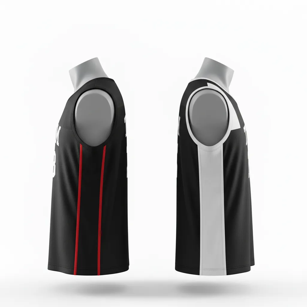 Custom Basketball Round Neck Reversible Jersey - White, Black, Red - Roundneck Retro Color Block - Side View - Kinexa Sportswear