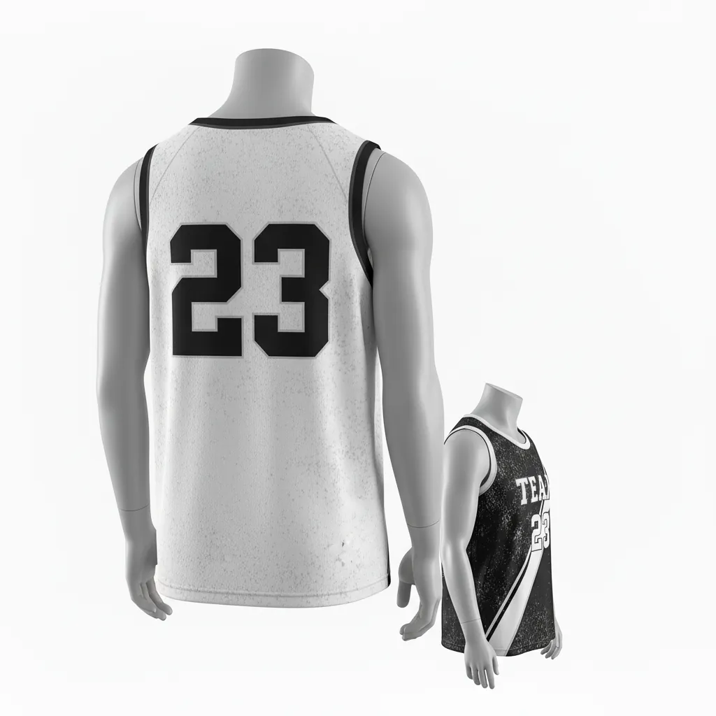 Custom Basketball Round Neck Reversible Jersey - White, Black, White - Roundneck Texture Pattern - Back View - Kinexa Sportswear