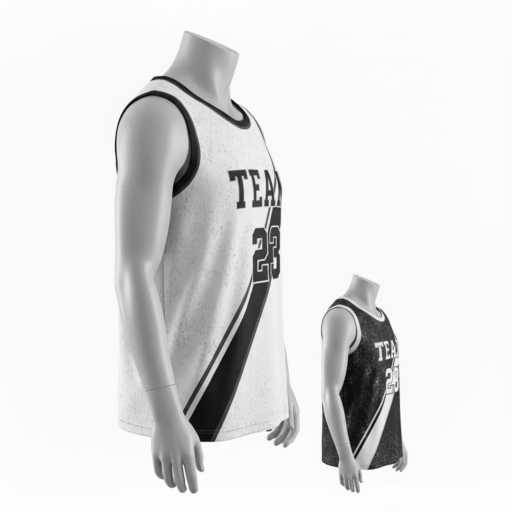 Custom Basketball Round Neck Reversible Jersey - White, Black, White - Roundneck Texture Pattern - Front View - Kinexa Sportswear