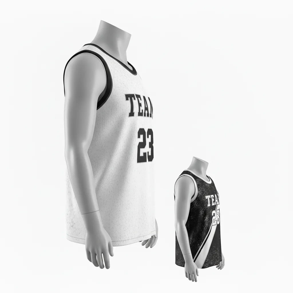 Custom Basketball Round Neck Reversible Jersey - White, Black, White - Roundneck Texture Pattern - Side View - Kinexa Sportswear