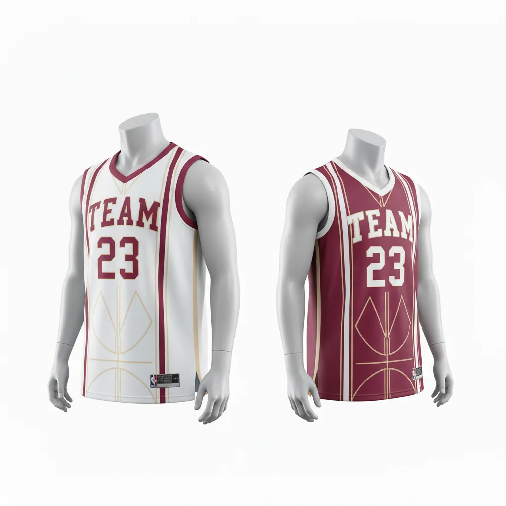 Custom Basketball Round Neck Reversible Jersey - White, Burgundy, Cream - Roundneck Vertical Stripes - Front View - Kinexa Sportswear