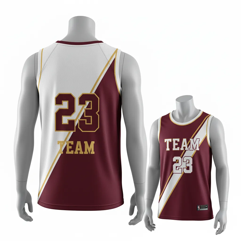 Custom Basketball Round Neck Reversible Jersey - White, Burgundy, Gold - Roundneck Diagonal Slash - Back View - Kinexa Sportswear