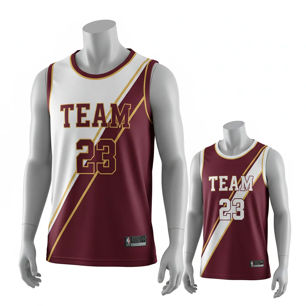 Custom Basketball Round Neck Reversible Jersey - White, Burgundy, Gold - Roundneck Diagonal Slash - Front View - Kinexa Sportswear
