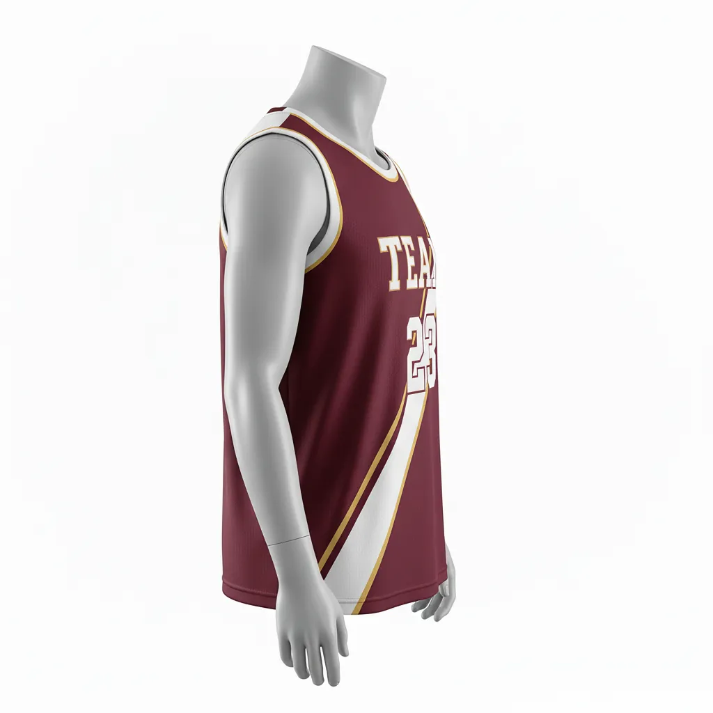 Custom Basketball Round Neck Reversible Jersey - White, Burgundy, Gold - Roundneck Diagonal Slash - Side View - Kinexa Sportswear
