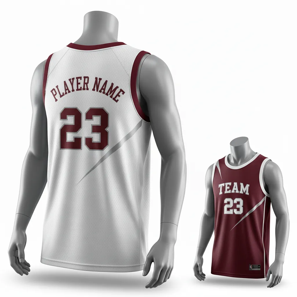 Custom Basketball Round Neck Reversible Jersey - White, Burgundy, Silver - Roundneck Texture Pattern - Back View - Kinexa Sportswear