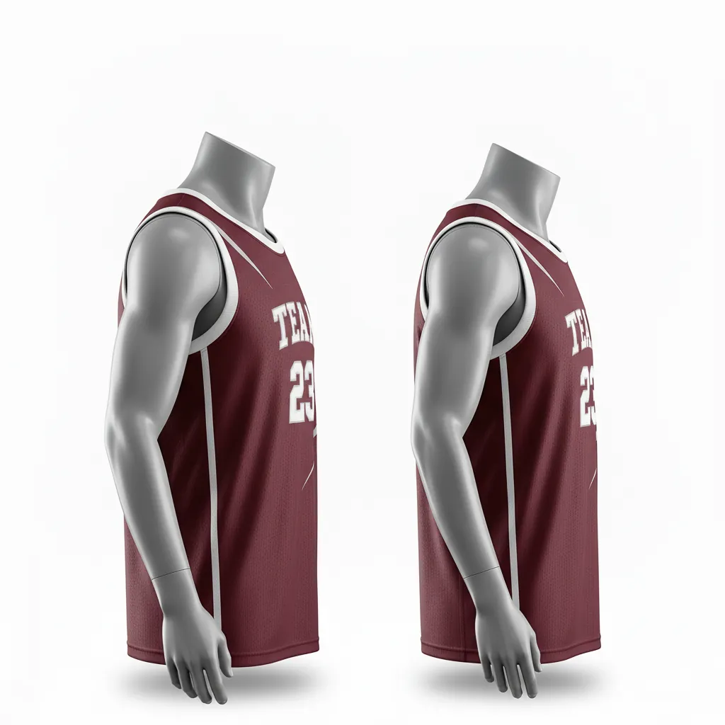Custom Basketball Round Neck Reversible Jersey - White, Burgundy, Silver - Roundneck Texture Pattern - Side View - Kinexa Sportswear