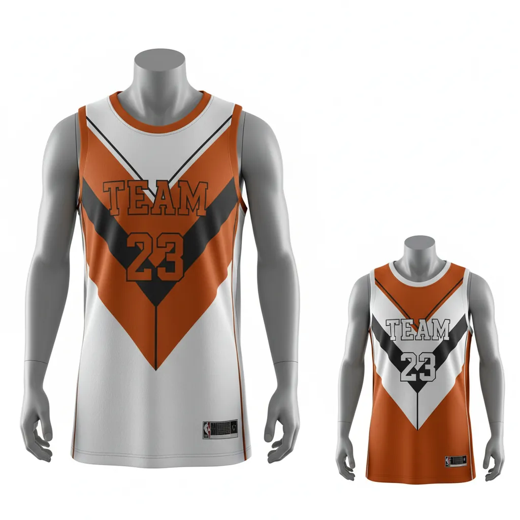 Custom Basketball Round Neck Reversible Jersey - White, Burnt, Orange... - Roundneck Chevron Pattern - Front View - Kinexa Sportswear
