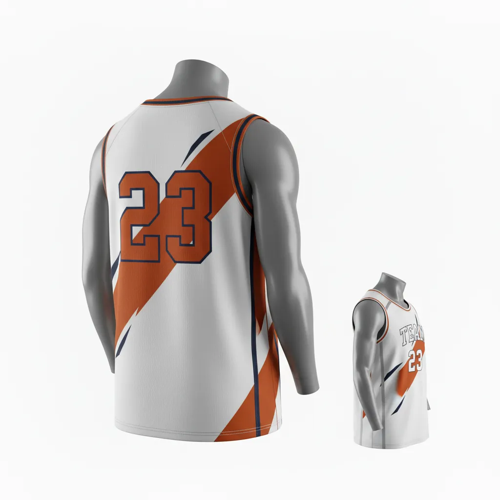Custom Basketball Round Neck Reversible Jersey - White, Burnt, Orange... - Roundneck Asymmetric Angular - Back View - Kinexa Sportswear