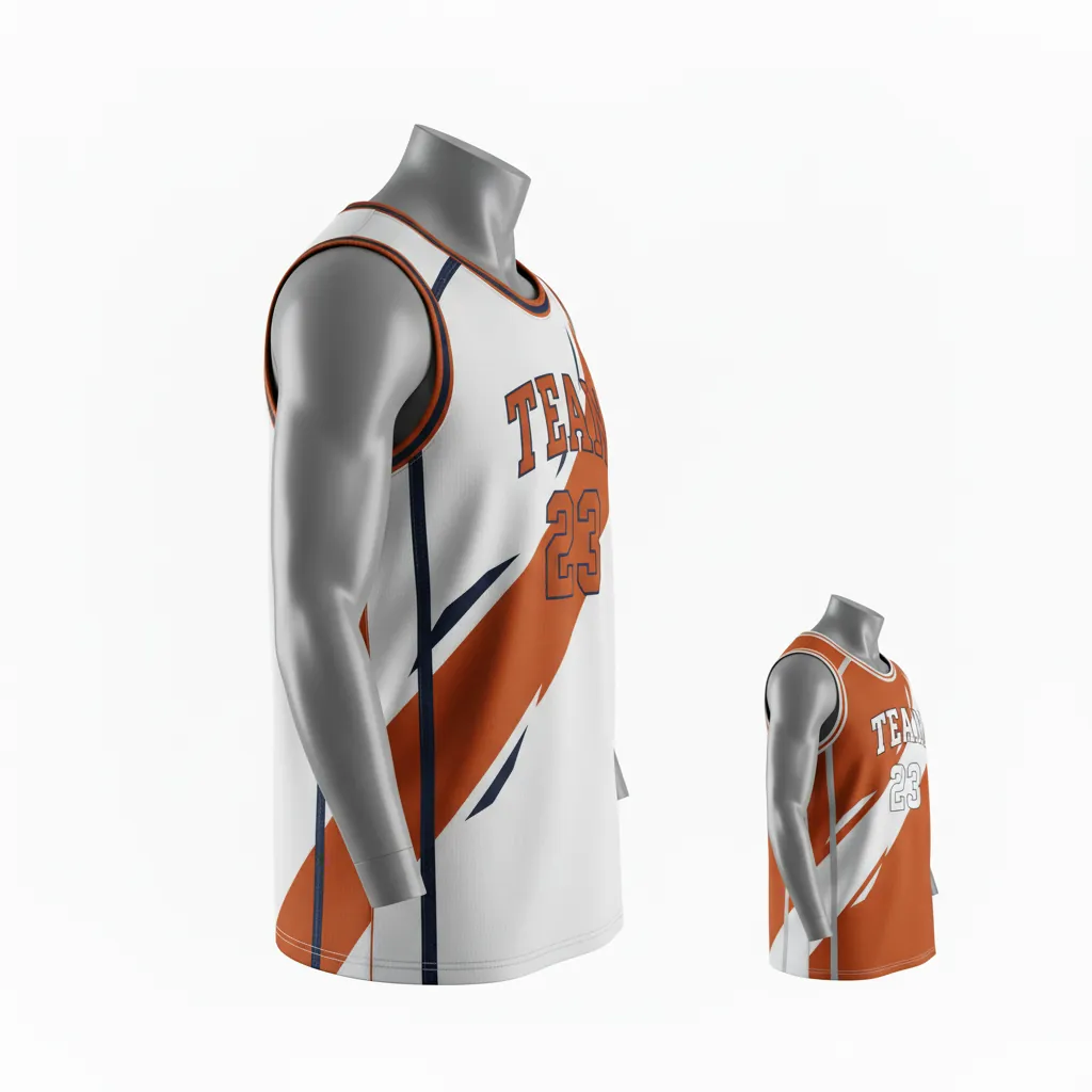 Custom Basketball Round Neck Reversible Jersey - White, Burnt, Orange... - Roundneck Asymmetric Angular - Front View - Kinexa Sportswear