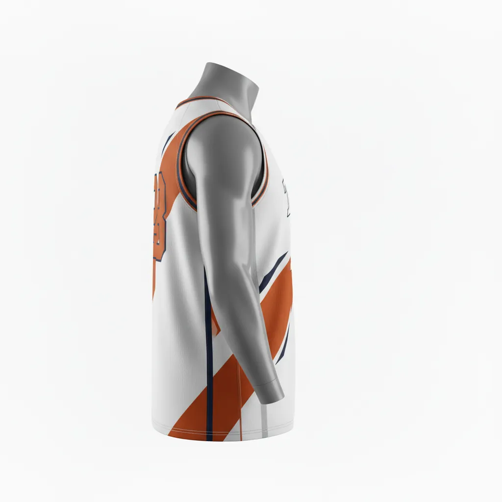 Custom Basketball Round Neck Reversible Jersey - White, Burnt, Orange... - Roundneck Asymmetric Angular - Side View - Kinexa Sportswear