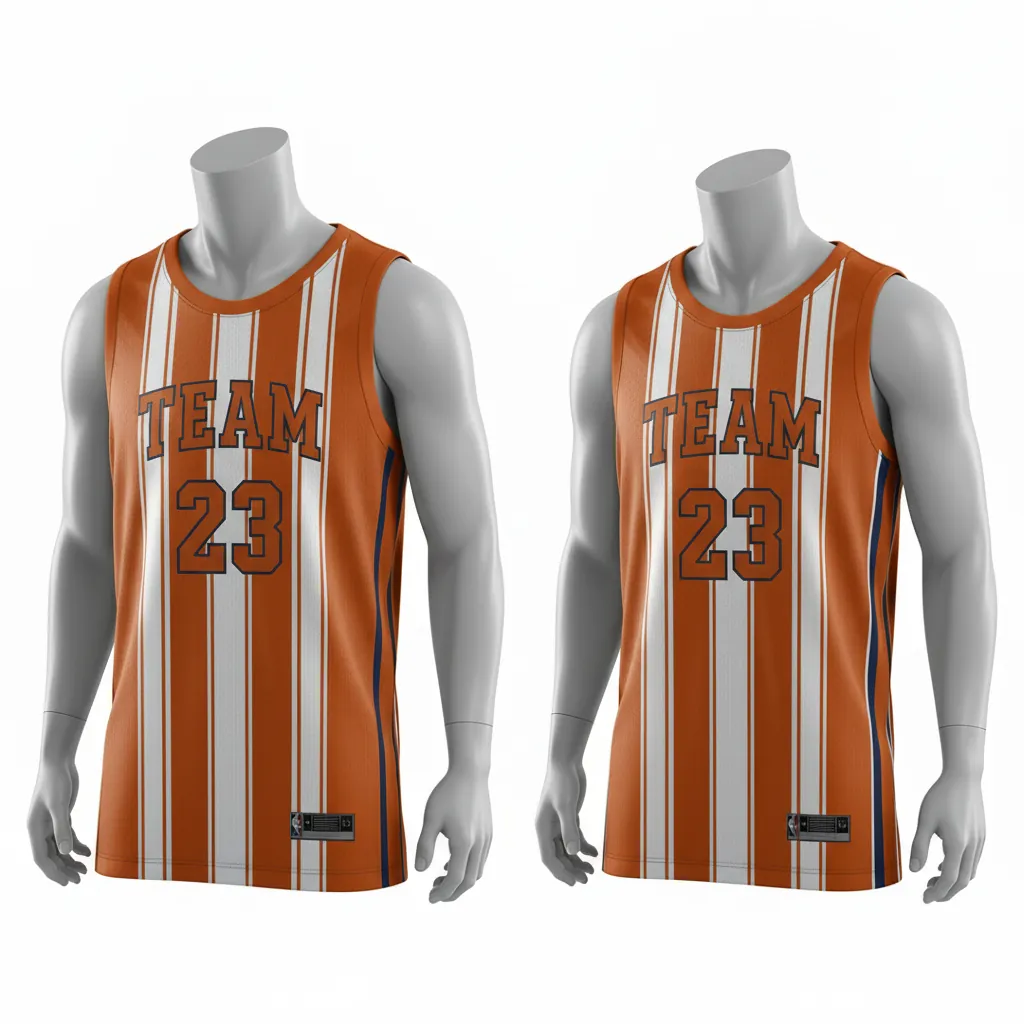 Custom Basketball Round Neck Reversible Jersey - White, Burnt, Orange... - Roundneck Vertical Stripes - Back View - Kinexa Sportswear